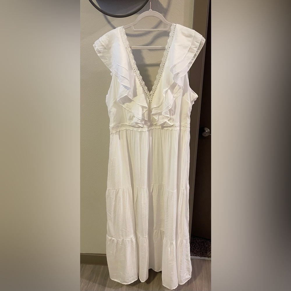 Long White Boho Crochet Trim Summer Dress NEW